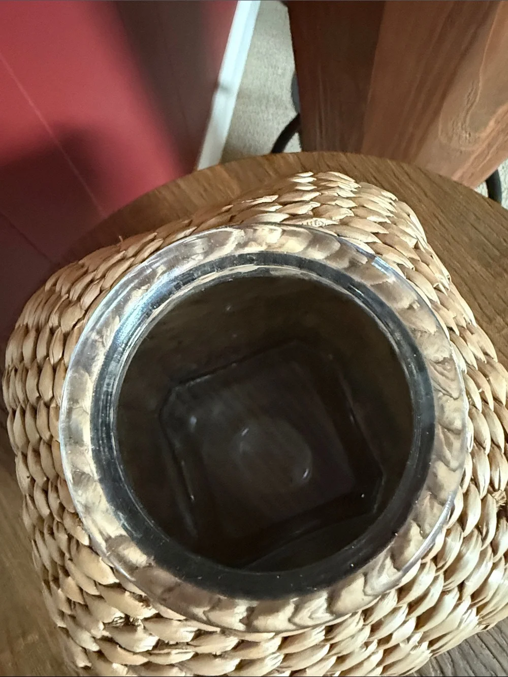 Small Glass Jar Woven Wicker Wrap with lid. Beautiful